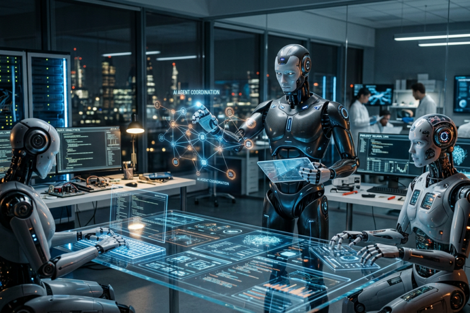 Three humanoid robots coordinating around a holographic table labeled AI AGENT COORDINATION
