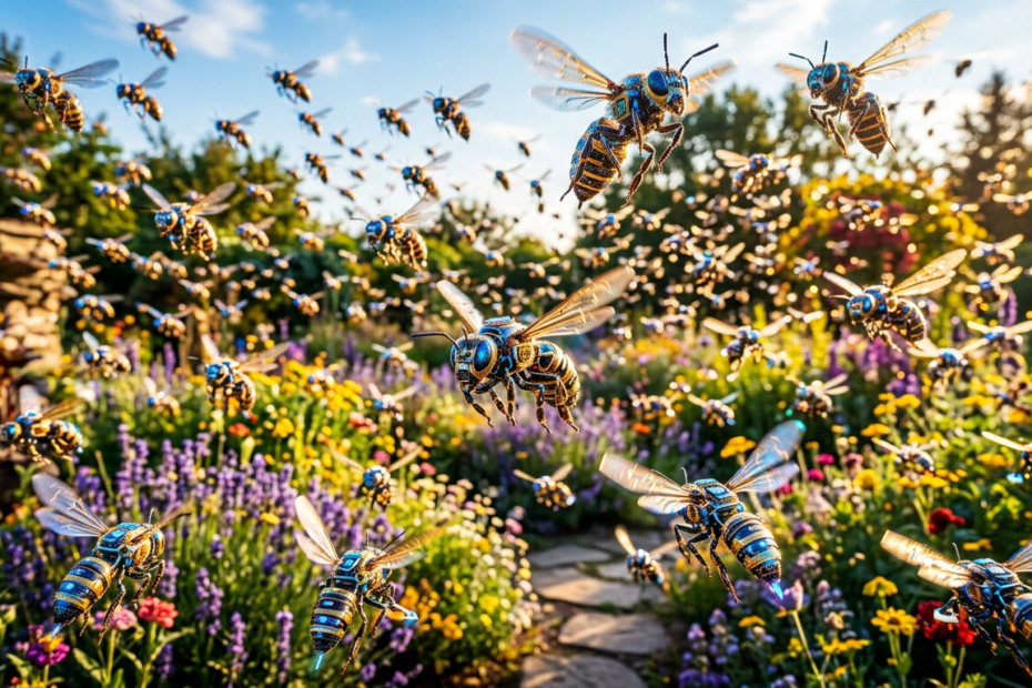 Swarm of bees flying above a colorful flower garden